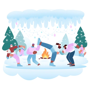 A snowy outdoor party is taking place in a winter wonderland setting. Several individuals in colorful winter clothing are limbo-ing beneath large, sparkling icicles that hang from the branches of a tall evergreen tree. Snowflakes are gently falling around them, covering the ground in a thick layer of fresh snow. Twinkling string lights are strung between trees, adding a festive atmosphere. In the background, a large bonfire is visible, with people gathering around it, holding warm drinks in their hands.