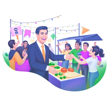 A scene depicting a politician smiling and shaking hands with supporters at a bustling street market. The politician is wearing a crisp navy suit and a bright tie, exuding confidence and warmth. Surrounding the politician are a diverse group of enthusiastic supporters, some holding signs, while others take photos with their smartphones. The market is filled with colorful stalls displaying fresh fruits, vegetables, and handmade goods, creating a lively atmosphere. In the background, there are strings of lights overhead and banners fluttering in the breeze, adding to the vibrant energy of the scene.