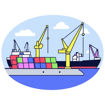 Cranes with bright yellow arms are positioned on the dock, lifting colorful shipping containers of various sizes. The containers are red, blue, and green, stacked on the ground next to a large cargo ship. The ship is painted navy blue with a white stripe along its side. In the background, other cranes and cargo equipment are visible, creating an active atmosphere at the seaport. The sky above is clear with a few fluffy white clouds, and the water of the harbor reflects the scene.