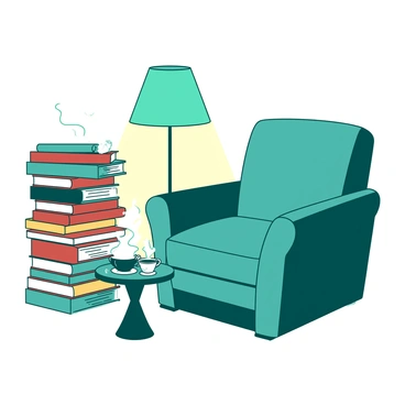 A teal armchair is situated in a small cozy corner of a Brooklyn library. The armchair has a soft, plush texture, inviting for someone to sit down. Next to it, there is a tall stack of books, some of which are slightly leaning to one side. The books have various colorful covers, adding a vibrant contrast to the teal armchair. A warm light from a nearby lamp casts a gentle glow over the corner, creating an inviting atmosphere. A small round table is positioned next to the armchair, holding a steaming cup of tea.