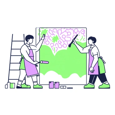 Two artists are facing each other while collaborating on a large mural. One artist is applying green paint to the wall with a wide brush, while the other is using a smaller brush to add intricate purple details. The mural features a vibrant scene with abstract shapes and flowing patterns. Behind them, a ladder is propped against the wall, and paint cans are scattered on the ground nearby. Each artist is wearing a paint-splattered apron and has brushes tucked behind their ears, fully engaged in their creative process.