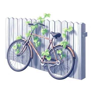 A rusty bicycle is leaning against an old wooden fence. The frame of the bicycle shows signs of wear, with patches of rust visible on the metal surfaces. Vines with thick green leaves are climbing up the bike, intertwining with the handlebars and frame. The fence boards are weathered and aged, with peeling paint and splinters visible. The scene conveys a sense of neglect, as the bicycle's tires are flat and the overall condition suggests it has been abandoned for some time.