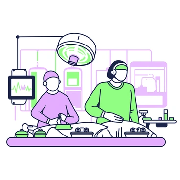 A surgeon is standing at an operating table, focused intently on the task at hand. The surgeon is dressed in surgical scrubs and a green surgical mask, with a headlight mounted on their forehead to illuminate the area. Surrounding the table, various surgical instruments are neatly arranged on sterile trays. Bright overhead lights illuminate the scene, casting a clean light over the operating area. Monitors displaying vital signs beep softly in the background. In the background, an assistant is positioned, ready to hand tools as needed. The walls of the operating room are lined with sterile equipment and supplies.