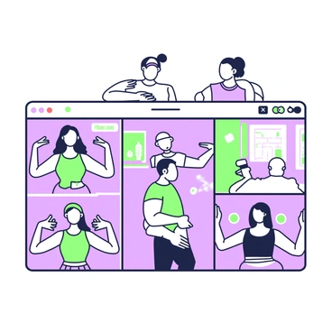A group of five people is participating in a video call workout session. Each person is in their own space, demonstrating arm circles together. In the top left corner, a woman with long hair is wearing a bright tank top and is smiling as she performs the exercise. Below her, a man with a beard is engaged, wearing a headband and a t-shirt, with his arms extended in circular motions. On the right side, a woman with short hair is in a cozy living room, wearing workout attire, mirroring the movement. Above her, a person with glasses is adjusting their camera while also doing arm circles. The screen shows a grid layout, with names displayed beneath each participant.
