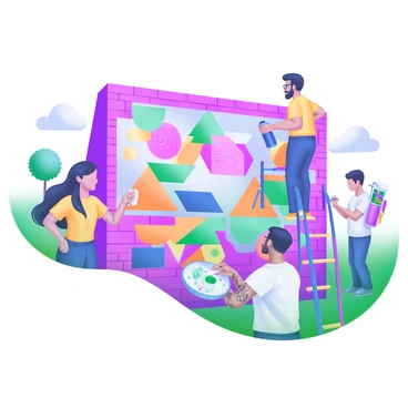 A vibrant urban scene depicting artists from different backgrounds collaborating on a large mural. There are four artists, each with unique features and styles, painting on a brick wall. One artist is a woman with long black hair wearing a bright yellow shirt, using a brush to add intricate patterns. Another artist, a man with a short beard and glasses, is standing on a ladder, spray painting bold geometric shapes. A third artist, a young woman with colorful hair, is mixing paint on a palette, while the last artist, a man with tattoos, is sketching designs on a sketchpad nearby. The mural they are creating is a blend of colors, depicting elements inspired by nature and urban life. The background includes trees, street art, and onlookers admiring the artistic process.