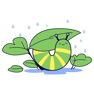 A green caterpillar with yellow stripes is curled up under a large, broad leaf. The leaf has a glossy surface and is dripping with rainwater. Small droplets are falling from the sky, creating a soft splash on the ground. The caterpillar appears relaxed and content, with its antennae gently raised, enjoying the gentle rain shower. The scene is filled with a few additional leaves surrounding the caterpillar, enhancing the sense of shelter and nature.