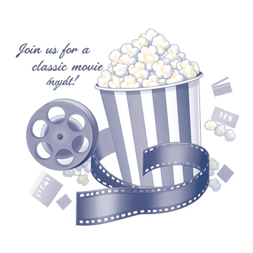 An invitation card designed for a movie night. The focal point features a classic film reel, detailed with perforated edges and empty spool sections. Beside the film reel, there is a large popcorn bucket overflowing with fluffy popcorn, the bucket showcasing a striped pattern. The background includes subtle illustrations of movie-related items, such as clapperboards and tickets. The text on the invitation reads "Join us for a classic movie night!" in a bold, eye-catching font.