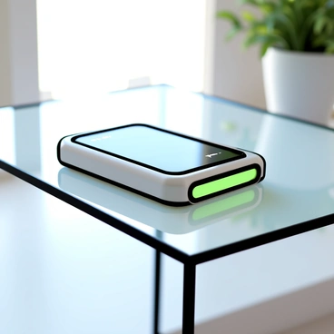 A futuristic eco-gadget, resembling a compact device with smooth edges and a glowing interface, is prominently displayed on a sleek glass table. The gadget features a minimalist design, with a combination of silver and green accents. Natural light reflects off the glass surface, creating a subtle shimmer. The background is uncluttered, highlighting the modern aesthetic of the gadget and the table.