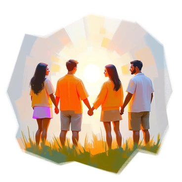 A circle of diverse people holding hands, standing in unity. Each person has distinct features, showcasing different ethnicities and ages. In the center of the circle, a radiant light glows, illuminating their faces with a warm, golden hue. The light spreads outward, casting soft reflections on the ground. The individuals are dressed in casual clothing, and their expressions convey a sense of connection and harmony. Surrounding the scene is a gentle landscape with lush green grass underfoot.