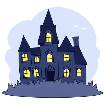 A tall, old mansion with a dark, weathered facade stands in the midst of swirling gray fog. The mansion features pointed roofs and numerous windows, all framed with intricate woodwork. One window on the second floor emits a warm, glowing light, contrasting against the surrounding gloom. The surrounding ground is uneven and overgrown with tall grass, adding to the eerie atmosphere.