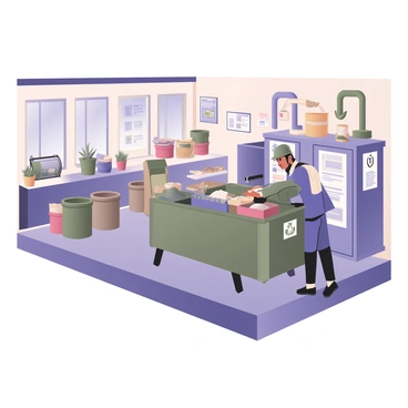 A digital flat illustration depicting a factory floor dedicated to sustainable practices. In the center, there is a large recycling station with clearly labeled bins for paper, plastic, and metal waste. Beside the recycling station, a worker with medium skin is wearing a green safety helmet and blue coveralls, actively sorting through materials. In the background, large windows let in natural light, illuminating potted plants placed around the factory. There are solar panels visible on the roof of the factory, along with a water collection system made of barrels. On one side, a clean area displays a composting unit with food waste being processed, and information posters on the walls highlight various sustainability efforts.