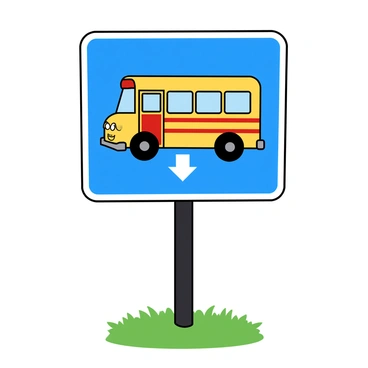 A cartoon-style bus stop sign with a rectangular shape, featuring a bright blue background. The sign has a thick white border and displays a friendly cartoon bus illustration in the center. The bus is painted in vibrant colors, with a smiling face on its front windshield. The bus has big, cheerful eyes and wheels that appear to be in motion. Below the bus illustration, there is a small arrow pointing downwards, indicating the bus stop location. The sign stands on a sturdy black pole and is surrounded by a green grassy area.