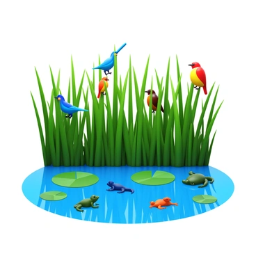 A wetland area filled with tall, green reeds swaying gently in the breeze. Various birds are perched on the reeds, their vibrant feathers adding splashes of color to the scene. In the water, several amphibians, including frogs and salamanders, are visible among the lily pads. The surface of the water reflects the clear blue sky above, creating a tranquil atmosphere.
