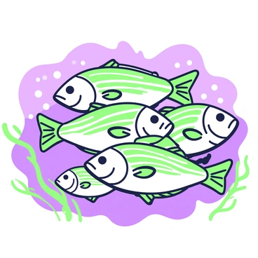A group of multiple striped bass is swimming together, forming a shoal in the ocean. The fish have prominent horizontal stripes along their bodies. They are arranged closely, with some fish facing different directions, creating a dynamic sense of movement. Bubbles are rising from their gills as they swim. The deep water surrounds them, with varying depths and shadows that create a sense of the ocean's vastness. Some strands of seaweed are swaying gently in the current nearby.