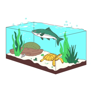 A teal walleye is swimming gracefully through a clear freshwater habitat, surrounded by vibrant green aquatic plants. Next to the walleye, there is a yellow turtle with its head extended, looking curiously at the fish. The turtle's shell glistens under the sunlight filtering down through the water's surface. Small bubbles are rising around them, and the sandy bottom is visible beneath, scattered with pebbles and bits of driftwood.