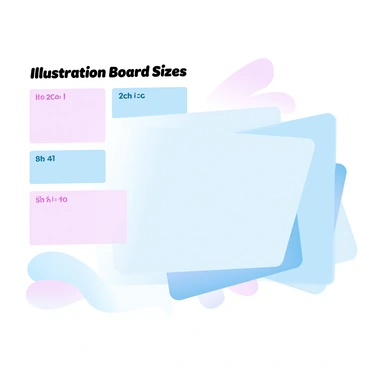A reference guide is laid out on a flat surface, showcasing a variety of swatches of different illustration board sizes. Each swatch is labeled with its dimensions, arranged in a neat grid formation. The swatches are presented against a soft pastel gradient background that transitions smoothly from light pink to light blue. In the upper corner of the guide, there is a title displayed in bold letters that reads "Illustration Board Sizes". The overall composition is clean and organized, emphasizing the variety and dimensions of the board sizes.