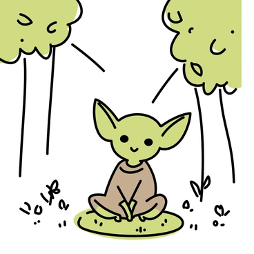 A small, green alien figure with large ears and wise eyes, sitting cross-legged on a patch of grass. He has a brown robe draped over his small frame. Surrounding him are tall, thin trees with lush green leaves filtering gentle sunlight. Soft, dappled light falls around him, creating a calming atmosphere. Various plants and small flowers dot the forest floor, enhancing the serene environment.