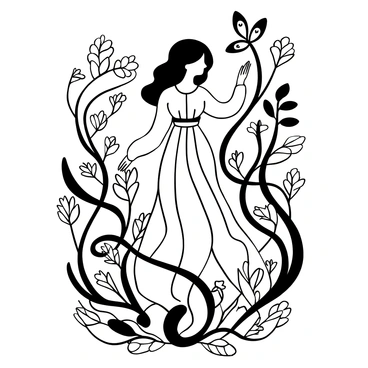 A goddess figure with flowing hair stands gracefully in a pose, adorned in a long, elegant gown that undulates around her. She is encircled by intricate art nouveau vines that twist and turn, with detailed leaves and flowers extending outward. The background is filled with various floral elements, each delicately illustrated in a black-and-white style, creating a harmonious blend of nature and divinity. Some vines intertwine with the gown, connecting the goddess to the surrounding flora.