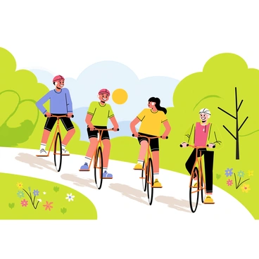 A group of four friends riding bicycles along a winding trail. The trail is surrounded by lush green trees and colorful wildflowers. Each friend is wearing bright cycling gear, with one wearing a red helmet, another in a blue jersey, a third in a yellow shirt, and the last in a green jacket. They are smiling and laughing, enjoying their ride. The sun is shining brightly, casting cheerful shadows on the ground. In the background, a clear blue sky stretches above, completing the joyful scene.