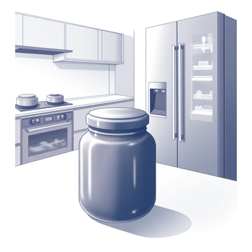 A jam jar with a sleek, futuristic design is placed on a countertop in a high-tech kitchen. The jar has smooth, curved edges and a polished surface that reflects light. It features a minimalist lid that integrates seamlessly with the jar's body. Surrounding the jar, various advanced kitchen appliances are visible, such as a digital display oven and a smart refrigerator. The kitchen has clean lines and a modern aesthetic, with glossy surfaces and subtle lighting that highlights the jar.