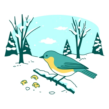 A teal chickadee is perched on a snow-covered branch, looking curiously around a snowy park. The ground is blanketed in white snow, and scattered around are small clusters of yellow seeds. In the background, there are bare trees silhouetted against the bright sky, and a gentle snowfall is beginning to dust the landscape. The chickadee has a slight tilt of its head, as if investigating the seeds below. The scene captures a quiet winter moment, focused on the chickadee's exploration.