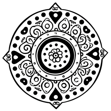 A large mandala featuring intricate swirling patterns and various shapes fills the page. The design includes a series of concentric circles, each adorned with unique geometric elements. Delicate lines and curves interlace throughout the mandala, creating a sense of depth and complexity. The entire composition is crafted with precision using ink, showcasing the fine details and textures of the patterns. The outer edge of the mandala is embellished with ornate motifs, enhancing the overall intricacy of the design.