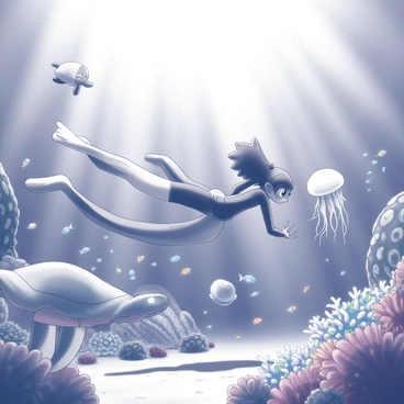 An anime character is swimming through an underwater kingdom. The character is wearing a sleek, fitted diving suit that accentuates their movements. Surrounding them are various sea creatures, including a large, graceful jellyfish with long tentacles, a school of small colorful fish darting in and out, and a majestic sea turtle gliding past. Coral formations create a vibrant backdrop, with intricate textures and shapes. Sunlight filters down from the surface, illuminating the scene and casting playful shadows on the ocean floor. The overall composition conveys a sense of exploration and wonder.