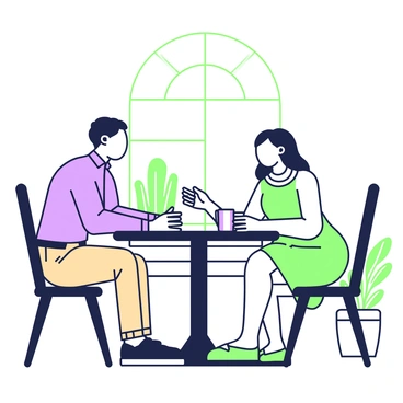 Two individuals are sitting at a round wooden table, engaged in a friendly conversation. On the left, there is a man with short hair, wearing a blue shirt and khaki trousers, looking attentively at his conversation partner. On the right, there is a woman with long hair, wearing a light green dress and a scarf, smiling warmly. In the background, there are potted plants and a large window that allows natural light to illuminate the space. Both individuals are holding cups, suggesting they are sharing a beverage together.