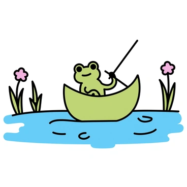 A green frog with bulging eyes is sitting inside a small leaf-boat. The boat is made from a large, curled leaf, cradling the frog as it navigates the gentle stream. The water flows smoothly, creating soft ripples around the leaf-boat. Bright green reeds and small flowers line the banks of the stream, providing a natural frame for this tranquil scene. The frog is paddling with a twig, focused on its journey across the shimmering water.
