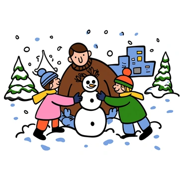 A man with light skin and short brown hair is playing in the snow with his children in a city park. He is wearing a brown coat, a wool scarf, and gloves. The children, a boy with light skin and brown hair, and a girl with light skin and blonde hair, are bundled up in colorful winter jackets, hats, and mittens. They are happily building a small snowman together, using twigs for arms and stones for eyes. Snowflakes are gently falling around them, covering the ground in a thick layer of white. In the background, there are snow-covered trees and a glimpse of buildings peeking through the winter scenery.