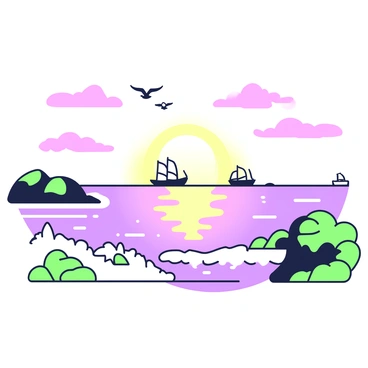 A sunset is displayed over the Bretagne coastline. In the foreground, there are rocky cliffs jutting out into the water. The waves are gently lapping against the rocks. The sky features a gradient of colors, with clouds scattered throughout. The reflection of the sky on the surface of the water creates a mesmerizing effect. In the distance, silhouettes of small boats can be seen, drifting calmly on the water. A few seagulls are flying above, adding to the coastal scene.