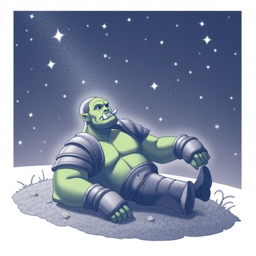 An orc lying on a grassy hill. The orc has a muscular build with prominent tusks and green skin, wearing simple leather armor. Its expression is contemplative as it gazes up at a sky filled with twinkling stars. The grassy hill is gently sloping and dotted with small wildflowers. The night sky is vast, with numerous stars shining brightly against the darkness, creating a sense of wonder and tranquility.