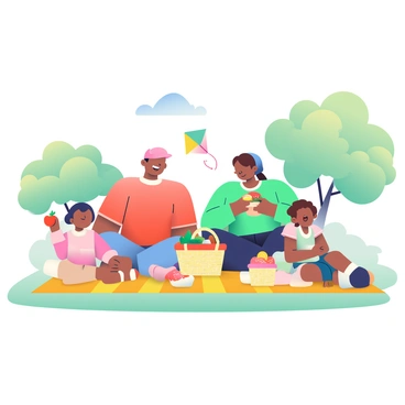 A family of four is sitting on a bright picnic blanket spread across the grass in a park. The parents are smiling as they watch their two children, a boy and a girl, play nearby. There are several baskets filled with a variety of foods, including sandwiches, fruits, and snacks. The boy is holding a red apple, while the girl is reaching for a sandwich. In the background, there are trees with lush green leaves and a clear blue sky. A small, colorful kite is flying above them, adding a playful touch to the scene.