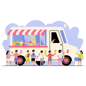 A whimsical ice cream truck with a colorful exterior, decorated with playful graphics of ice cream cones and popsicles. The truck has a large awning providing shade and a bright, open window displaying various ice cream flavors in vibrant tubs. A long line of excited children, with a mix of different hairstyles and clothing styles, eagerly waiting in front of the truck. Some children hold bright, shiny coins, while others point at the flavors. The sky is blue with fluffy white clouds, enhancing the cheerful atmosphere of the scene.