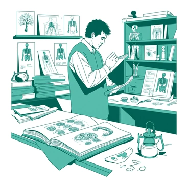 Vesalius surrounded by anatomical drawings and models in his busy workshop