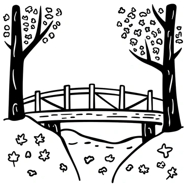 A rustic wooden bridge spanning a river, with wooden beams and planks prominently displayed. The river flows gently beneath the bridge, with the water’s surface reflecting the surrounding elements. Tall trees surround the scene, their trunks sturdy and textured, while the leaves are depicted in intricate patterns of various shapes. The ground is covered with fallen leaves, creating a natural carpet around the bridge, enhancing the feeling of the autumn season.