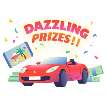 A bright red sports car is positioned prominently in the center of the image, gleaming under the light. To the left, a set of vacation tickets is displayed, featuring tropical imagery such as palm trees and a beautiful beach scene. A stack of cash is neatly arranged to the right, with crisp bills fanned out showcasing their denominations. Surrounding these prizes are vibrant confetti falling from above, adding a festive touch to the scene. In the background, a large banner reads "Dazzling Prizes!" in bold, colorful letters.