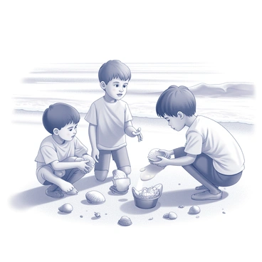 A group of children on a sandy beach engaged in collecting seashells. Two children are kneeling down, examining a vibrant seashell in detail, while another child stands nearby, holding a small bucket filled with seashells. The beach is dotted with various sizes and shapes of seashells scattered across the sand. In the background, gentle waves break along the shore, creating a tranquil coastal atmosphere.
