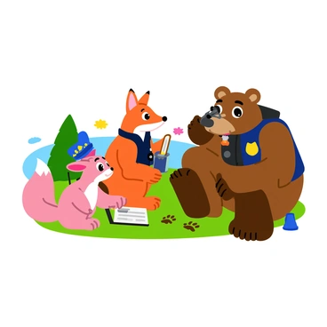 A group of animal police officers is working together on a case. The rabbit wears a small blue police cap and a badge, holding a notepad with a pencil in its paw. The fox, with a sleek orange coat, sports a police vest and is examining a set of paw prints on the ground. The bear, large and sturdy, is crouched down, looking closely at a piece of evidence with a magnifying glass. They are gathered in a colorful park setting with trees and flowers in the background. Each of the animals displays a focused expression, emphasizing their teamwork in solving the case.