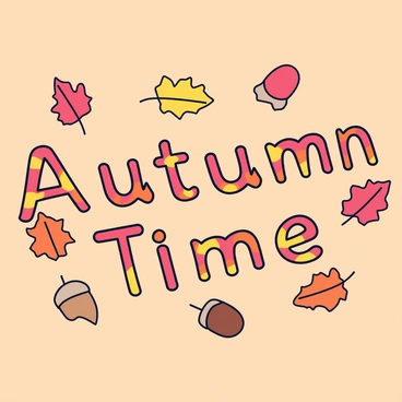 A collection of colorful fallen leaves in shades of red, orange, and yellow scattered across a light brown ground. Among the leaves, there are several acorns with their caps still attached, varying in size and color, some brown and others a lighter tan. The arrangement of the leaves and acorns forms the words "Autumn Time" in a playful, organic way, blending naturally with the surrounding elements.