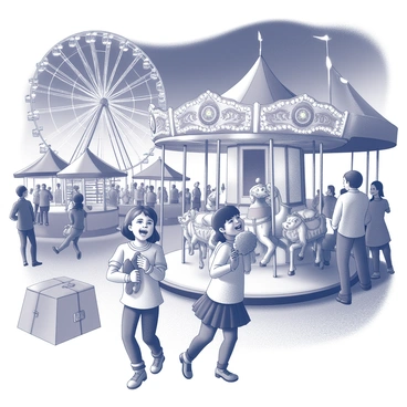 A vintage carnival scene filled with activity. The area is adorned with "colorful lights" illuminating various attractions. A pair of sisters are positioned in the foreground, one is smiling while holding a stuffed animal, and the other is laughing as they step off a carousel adorned with intricately painted horses. Nearby, carnival games like ring toss and balloon darts draw in enthusiastic participants, with excited people gathered around. A Ferris wheel looms in the background, its structure prominent against the night sky. The atmosphere is lively, filled with joy and movement.