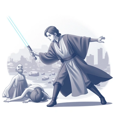 A figure dressed in black and brown robes is depicted in an intense scene. Anakin Skywalker is in a dynamic pose, showcasing his agility and determination. He is using a lightsaber with a distinct hilt, its blade ignited and glowing as he confronts an imposing enemy. The background features a chaotic setting filled with debris and smoke, suggesting a battle has taken place. In the foreground, a friend is shown in distress, looking up at Anakin with a mixture of hope and fear. The expression on Anakin's face conveys focus and urgency as he reaches out, ready to assist and protect.
