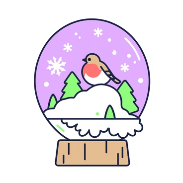 A snow globe is resting on a wooden table. Inside the globe, there is a robin perched atop a small mound of snow. The robin has a round body and a bright red chest. Around the robin, swirling snowflakes are gently falling, creating a wintery scene. Tiny evergreen trees, covered in white snow, are scattered throughout the base of the globe, adding to the festive atmosphere. The outer edge of the snow globe is decorated with intricate details, enhancing its charm.