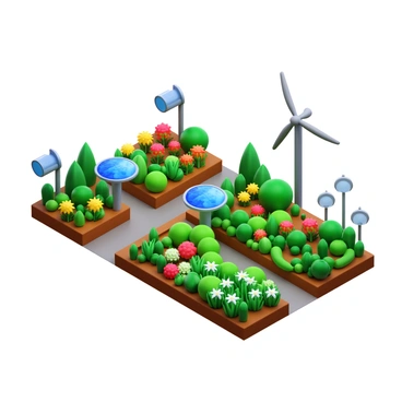 An urban garden filled with a variety of colorful plants and flowers. The garden features several solar lights strategically placed throughout, casting a soft glow in the evening. A wind-driven irrigation system is visible, with small wind turbines gently turning as they harness the breeze to water the plants efficiently. Various garden beds are neatly arranged, showcasing vibrant greens and blooming florals, creating a lively and inviting atmosphere.