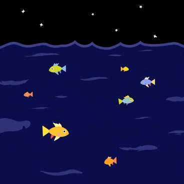 A nighttime ocean view featuring a vast expanse of dark water under a starry sky. Luminous tropical fish are swimming through the water, radiating bright colors such as blue, yellow, and orange. The fish are depicted in various sizes and shapes, creating a dynamic underwater scene. Gentle waves can be seen reflecting some of the light from the fish, enhancing the overall vibrancy of the image. The ambiance conveys a sense of tranquility amidst the lively underwater activity.