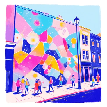 A large mural spans the side of a city building. The mural features colorful abstract shapes and intricate patterns that convey a futuristic theme. Various geometric forms intertwine, creating a sense of movement. Bright colors dominate the composition, with shades of blue, pink, green, and yellow blending seamlessly. The background of the mural is a gradient of colors that enhances the vibrancy of the overall artwork. People walking by stop to admire the mural, some taking photos. Nearby, a streetlamp provides additional light to the scene.