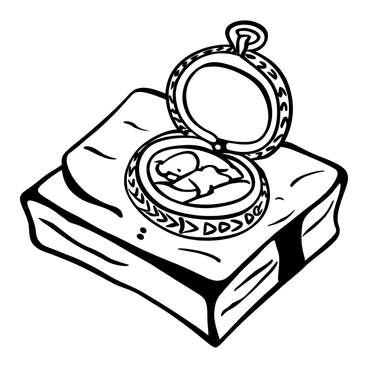 An open locket resting on a wooden table, with one half showing a faded childhood photo inside. The locket is intricately designed with ornate patterns along its edges. The wood of the table has a rich texture, with visible grains and knots enhancing its rustic appearance. A soft light casts gentle shadows around the locket, emphasizing its form and the delicate nature of the photograph.