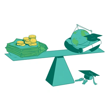 A teal balanced scale is positioned at the center of the image. On the left side of the scale, there are several stacks of gold coins and crisp, green banknotes neatly arranged. On the right side, there are various items representing opportunities, including a small globe, a graduation cap, and a set of keys. The scale is perfectly balanced, symbolizing the equal weight of money and opportunities. The background is simple to emphasize the scale and its contents.