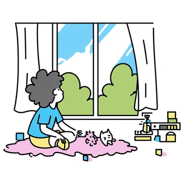 A child with curly hair, wearing a bright blue shirt and colorful shorts, is sitting on a soft, patterned rug in a playroom. The playroom is filled with various toys, including stuffed animals, building blocks, and a toy train set scattered around. The child is gazing out a large window, which allows sunlight to pour in, casting warm light across the room. Outside the window, there are green trees and a clear blue sky, creating a contrast with the vibrant colors inside the playroom.