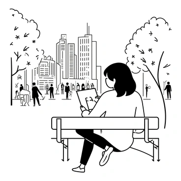 A woman named "Martha Olivia" is sitting on a park bench, holding a sketchbook and a pencil. She has shoulder-length hair and is wearing a comfortable sweater and jeans. In front of her, the cityscape is visible, showcasing tall buildings and bustling streets filled with people. Trees and flowers frame the scene around her, adding natural elements to the urban environment. Martha is focused on her drawing, with her eyes on the city, capturing the details of the lively atmosphere around her.